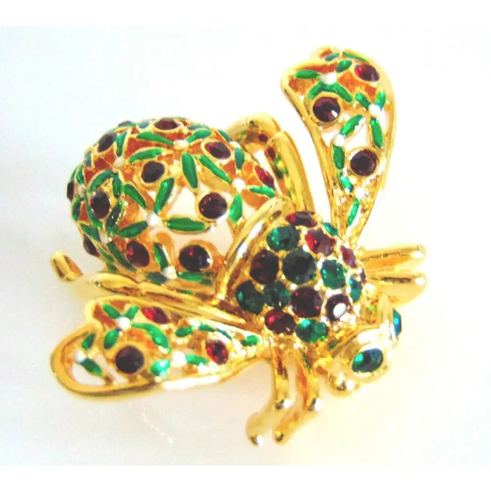 Joan Rivers Bee Brooch Pin Holly Jolly Holiday Christmas Crystal Green Red Vtg